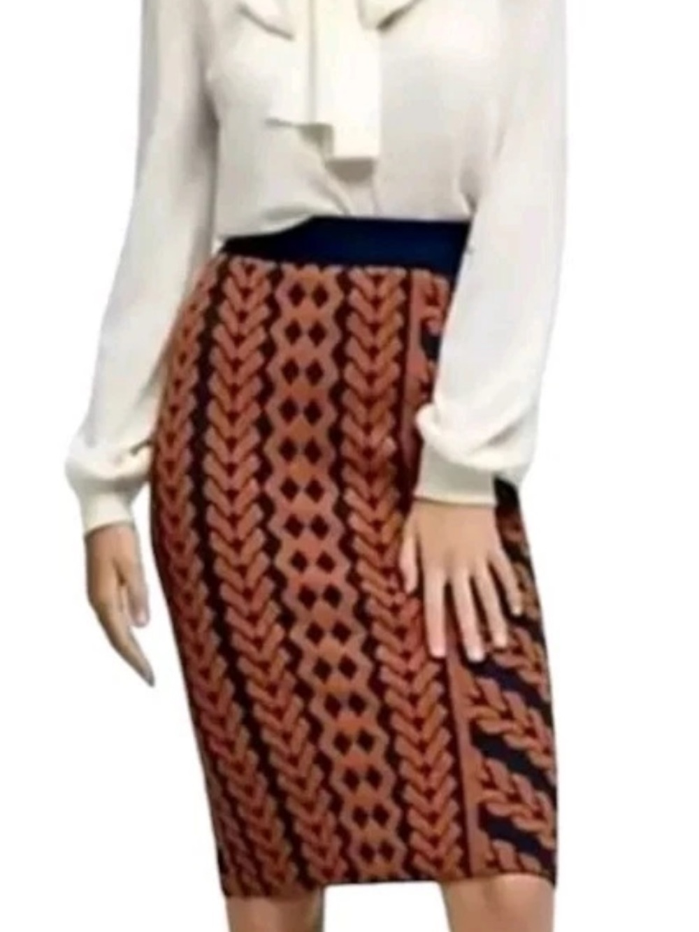 Maeve Anthropologie Navy Orange Pencil Skirt Knit Braid Pattern Career Small